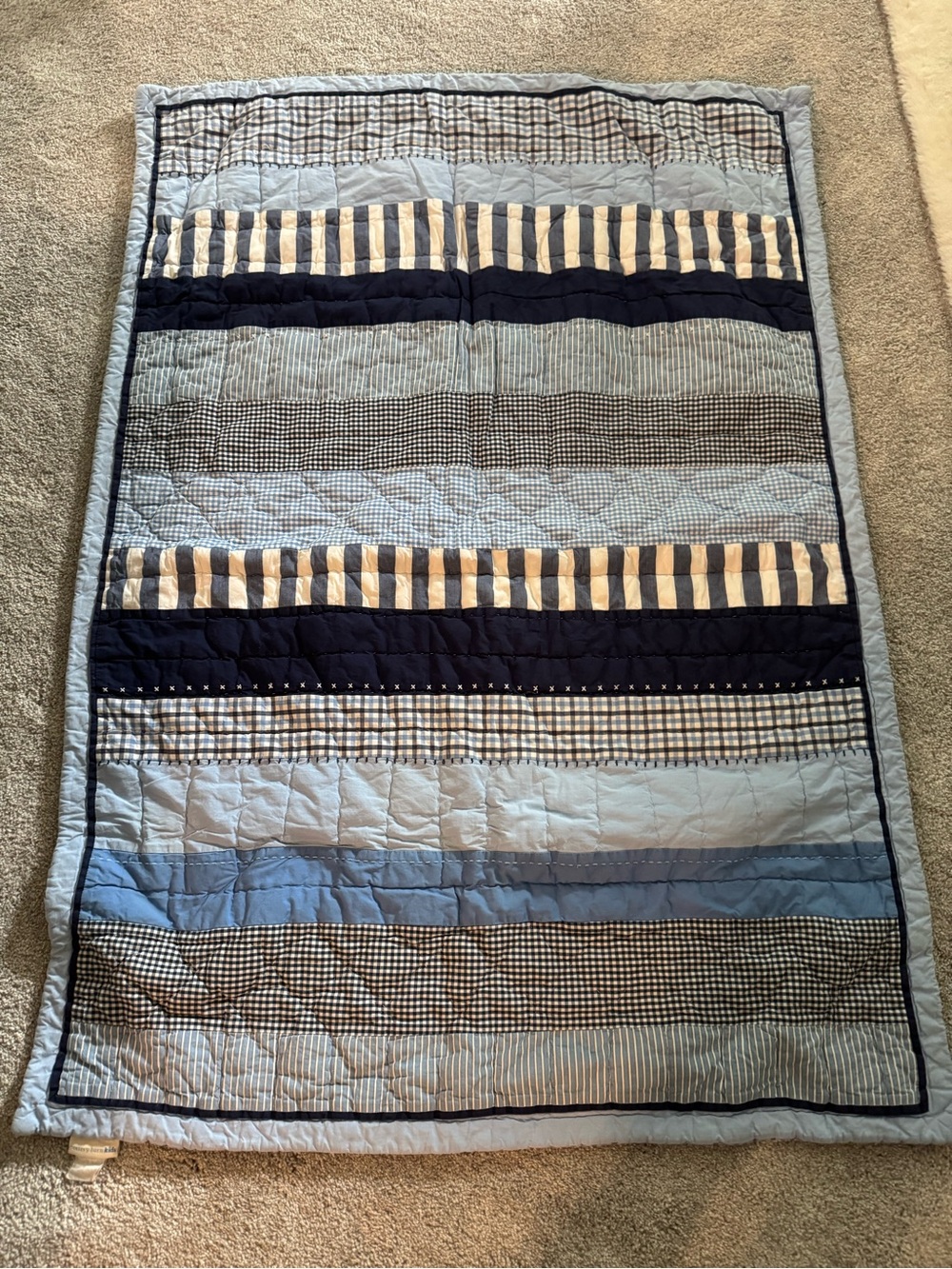 Pottery Barn Kids Light Blue and Navy Striped Patchwork Quilt